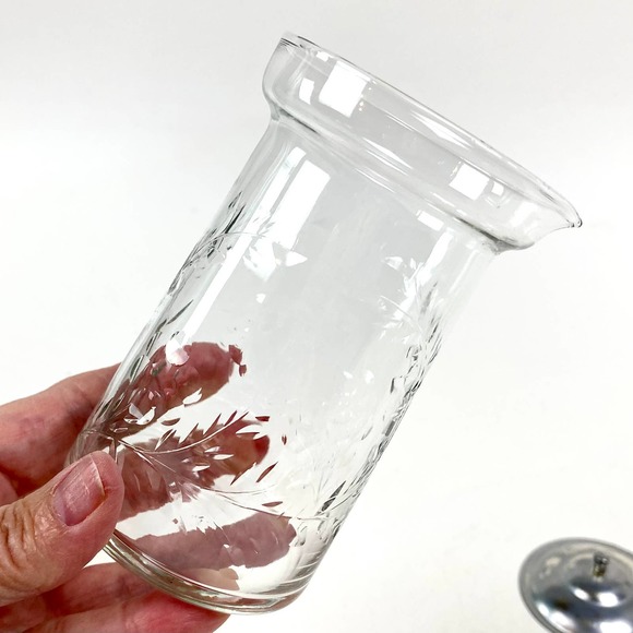 Depression Clear Glass Creamer with Metal Lid Etched Floral Vine - Picture 2 of 11